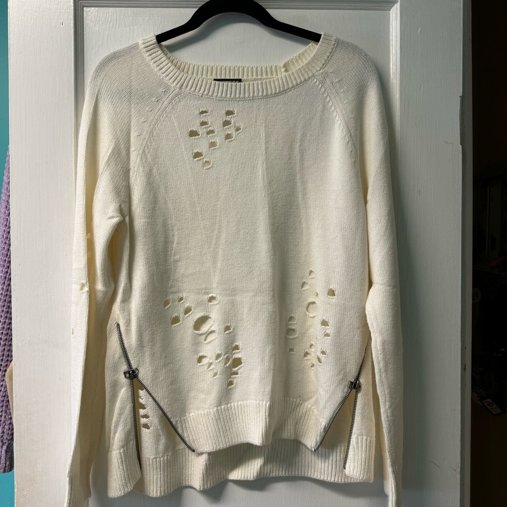 Distressed Cream Sweater with Zipper Detail